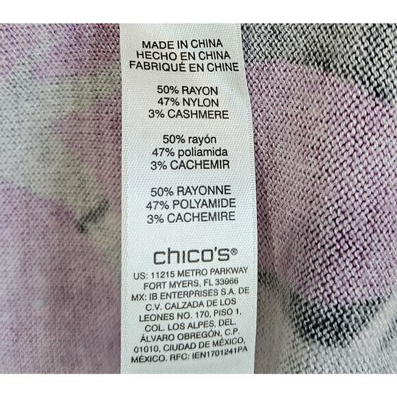 CHICO'S 1 Women's 8 10 Sweater Artsy Floral Purple Black Hint Of Cashmere 40" - Picture 7 of 7